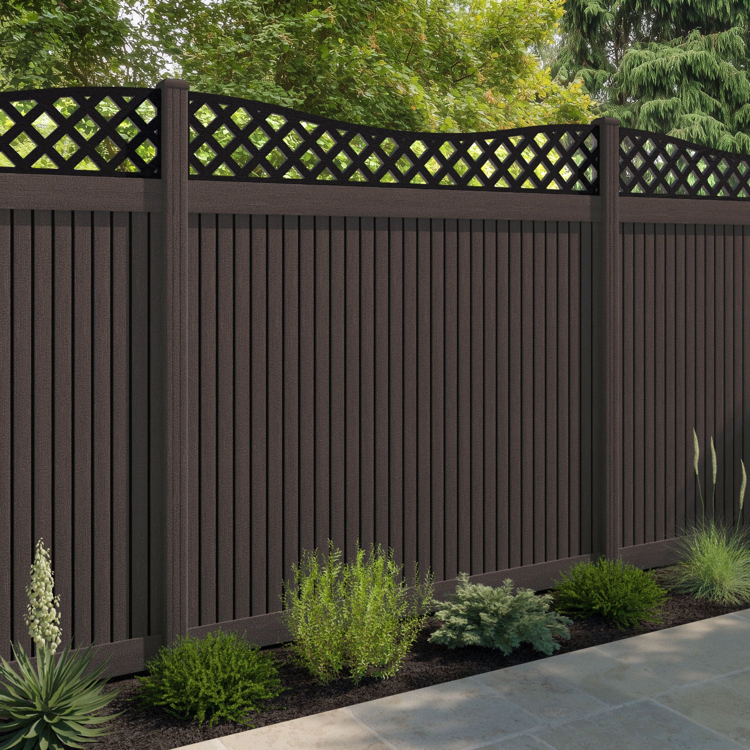 Virtis Low Wave Fence Panel - Mid Brown - with our composite posts