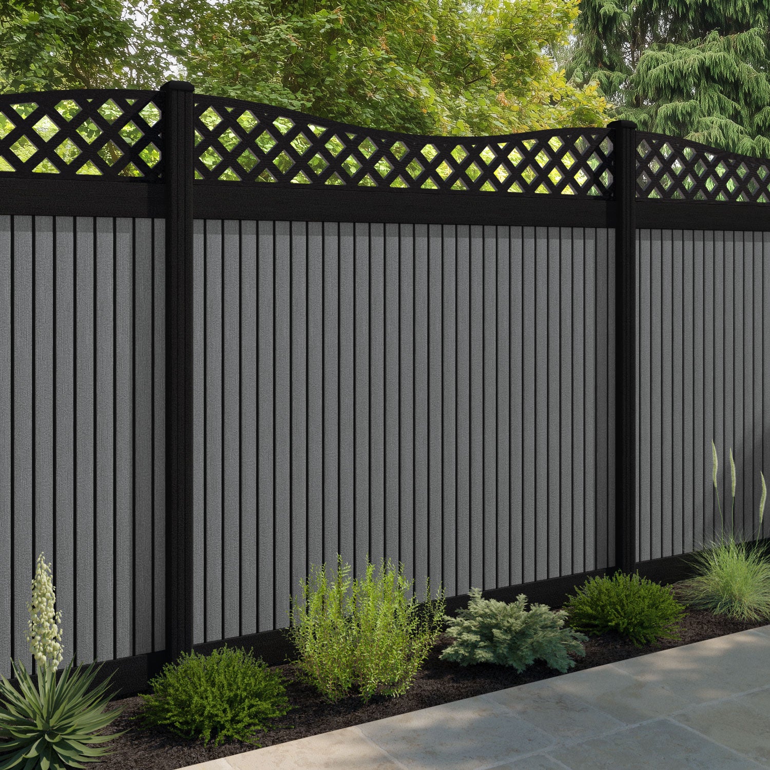 Virtis Low Wave Fence Panel - Mid Grey - with our aluminium posts