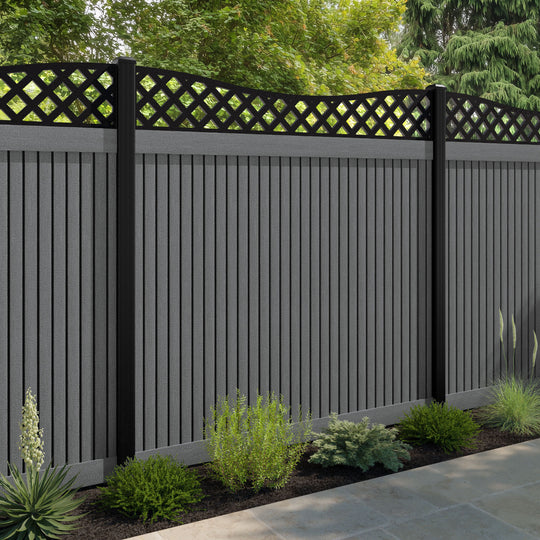 Virtis Low Wave Fence Panel - Mid Grey - with our aluminium posts