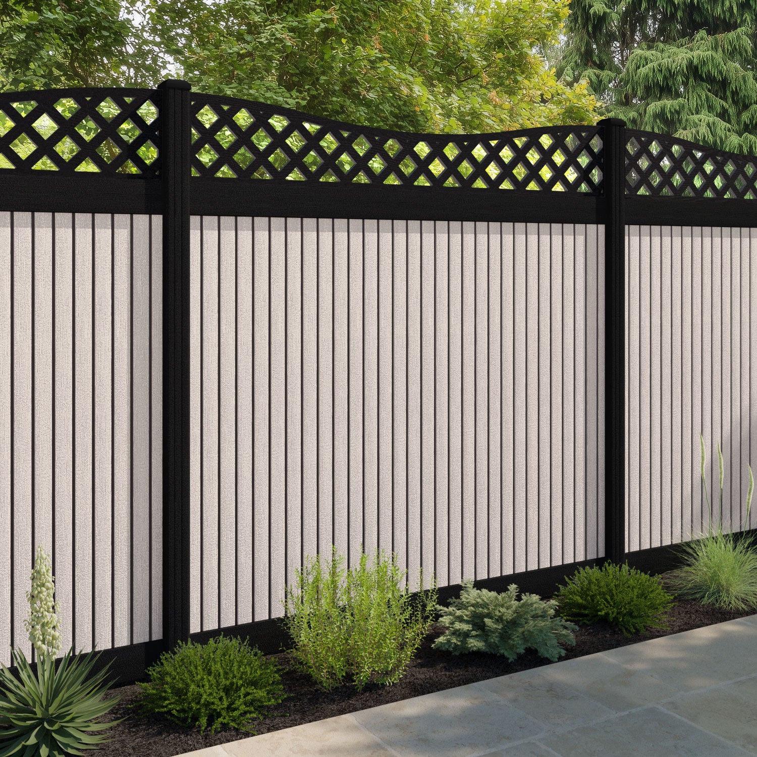 Virtis Low Wave Fence Panel - Mid Stone - with our composite posts