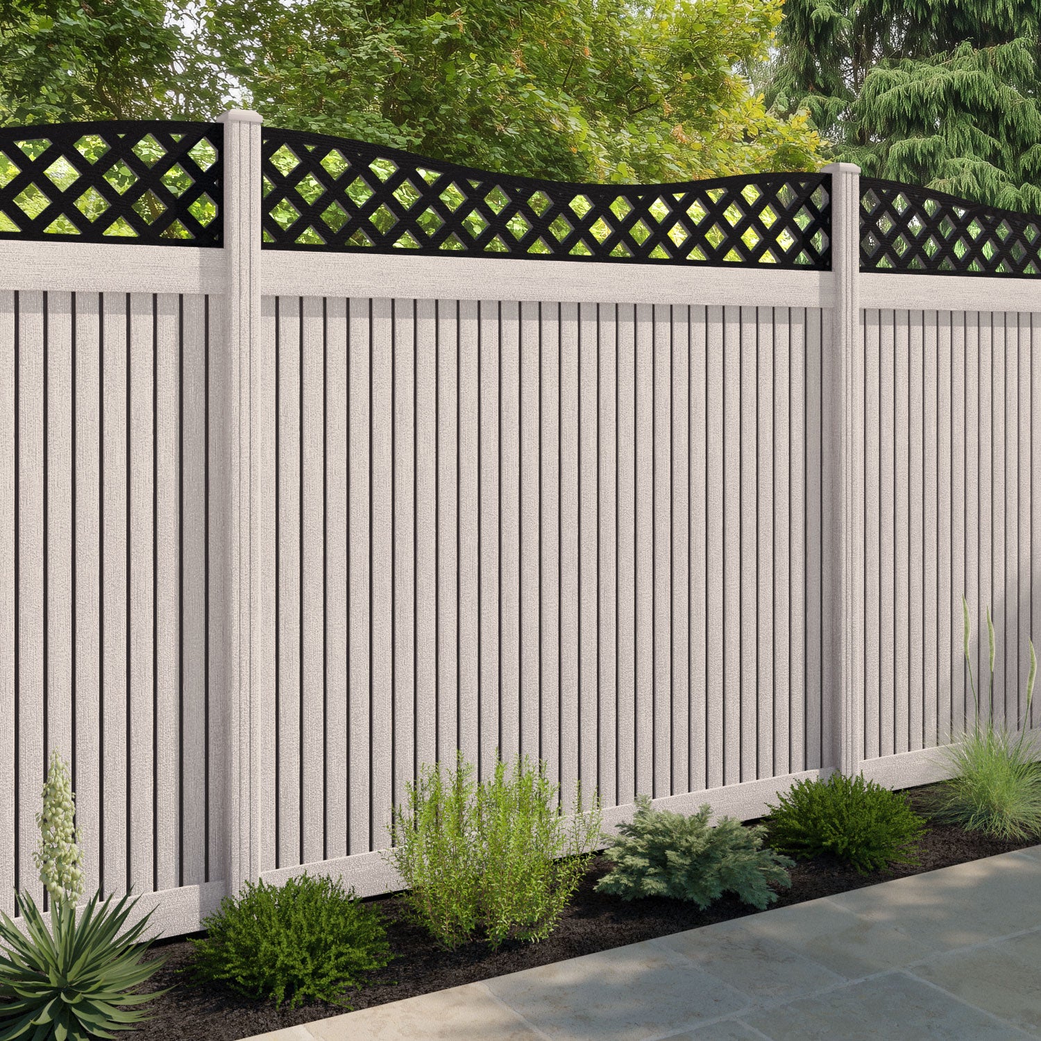 Virtis Low Wave Fence Panel - Mid Stone - with our composite posts