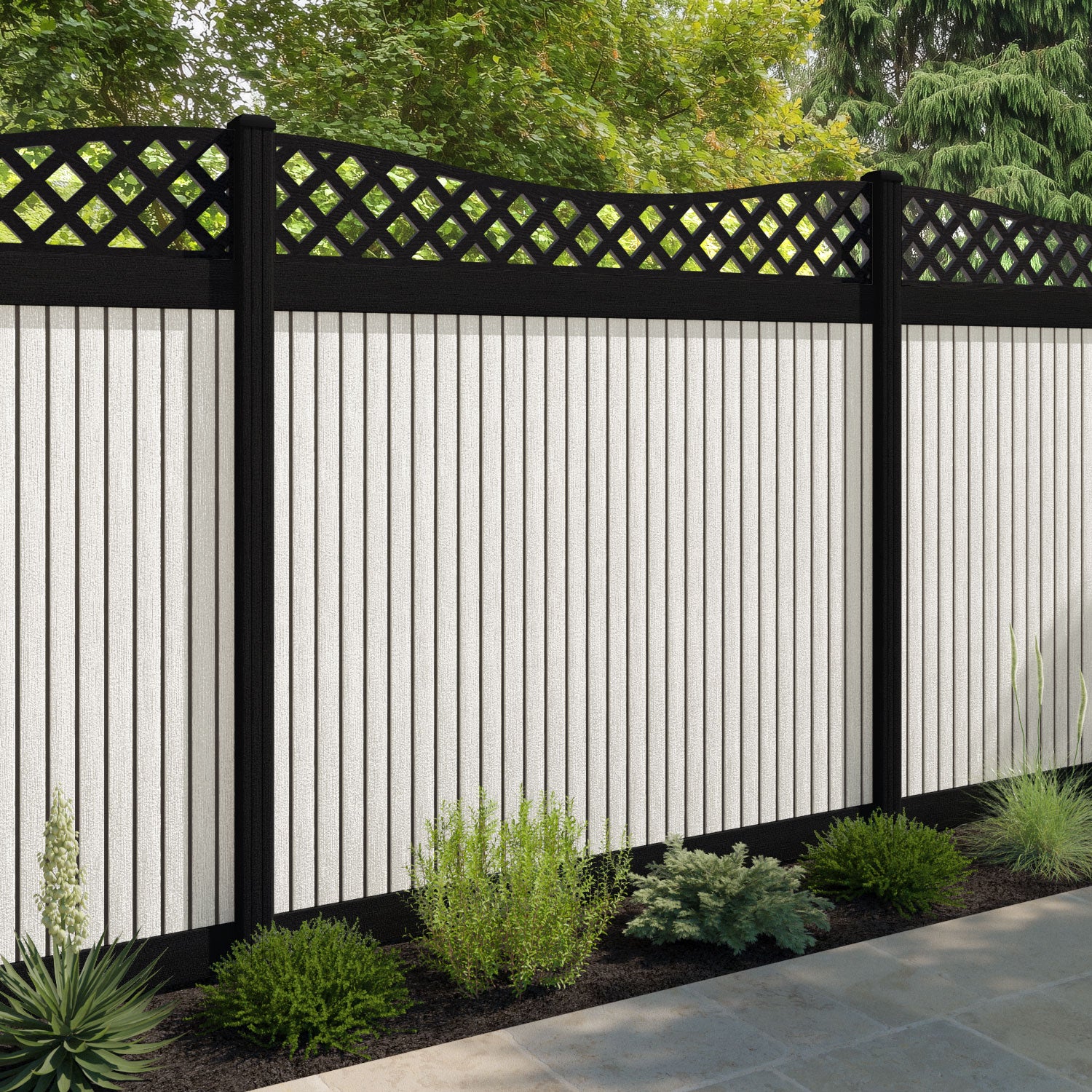 Virtis Low Wave Fence Panel - Light Stone - with our aluminium posts