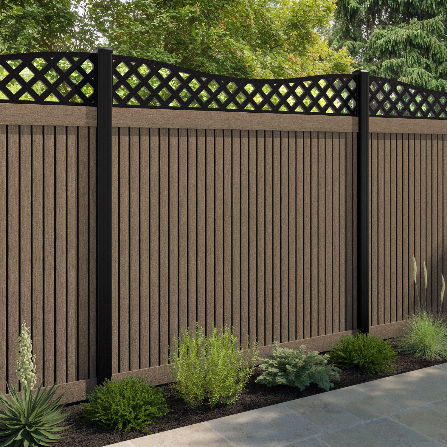 Virtis Low Wave Fence Panel - Teak - with our composite posts