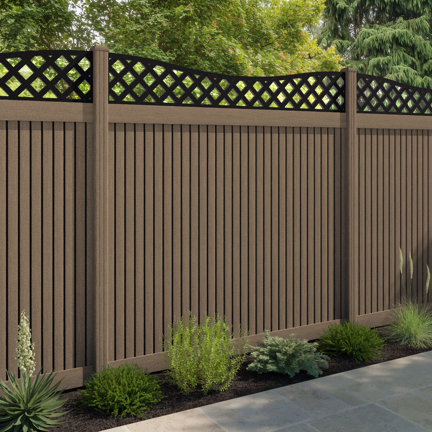 Virtis Low Wave Fence Panel - Teak - with our composite posts