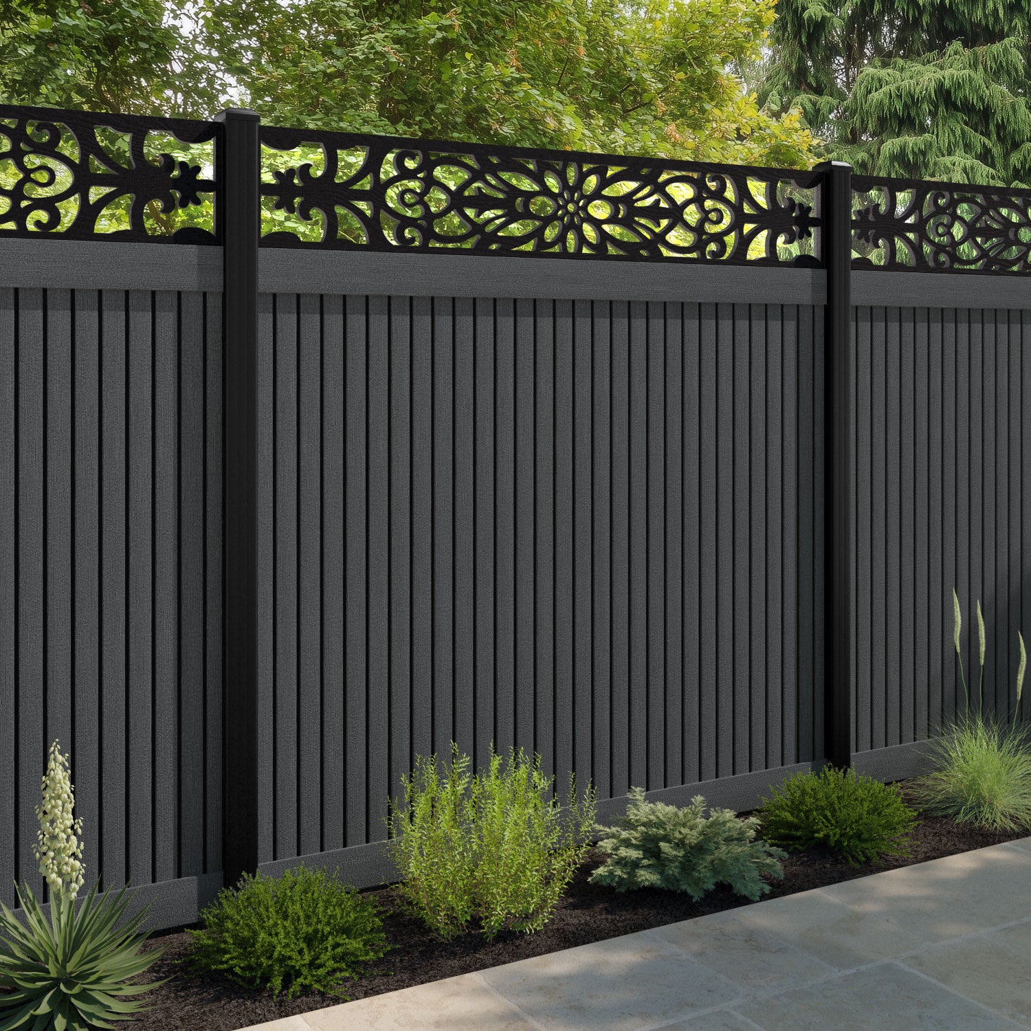 Virtis Windsor Fence Panel - Dark Grey - with our aluminium posts