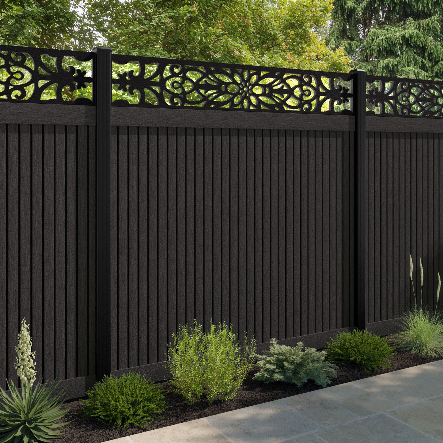 Virtis Windsor Fence Panel - Dark Oak - with our aluminium posts