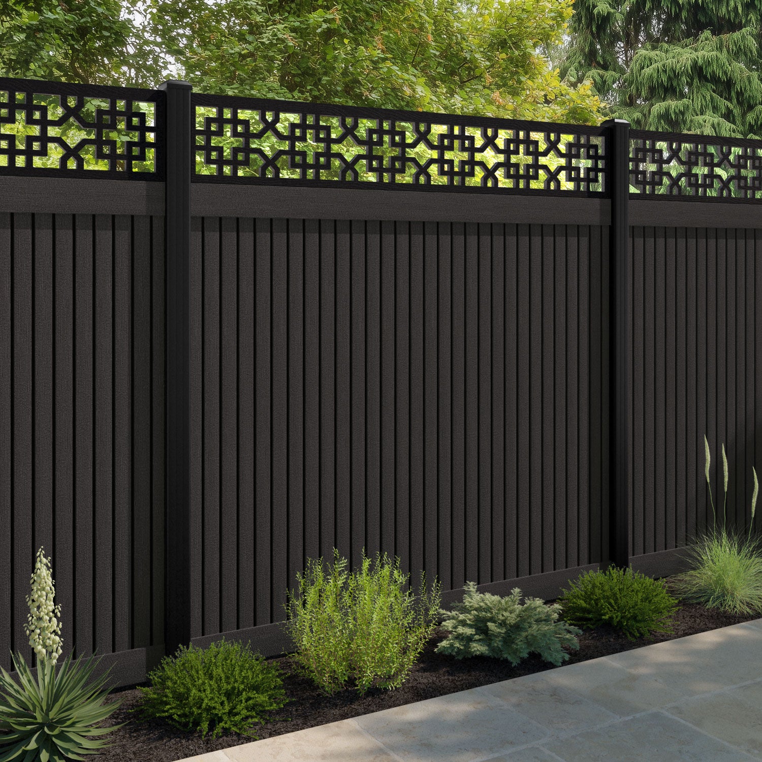 Virtis Zaria Fence Panel - Dark Oak - with our aluminium posts