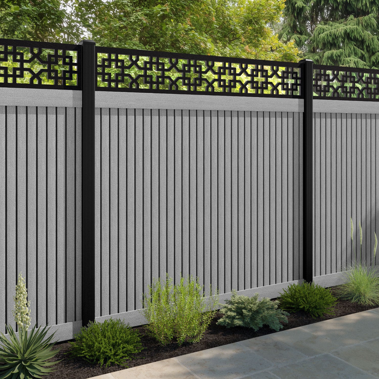 Virtis Zaria Fence Panel - Light Grey - with our aluminium posts