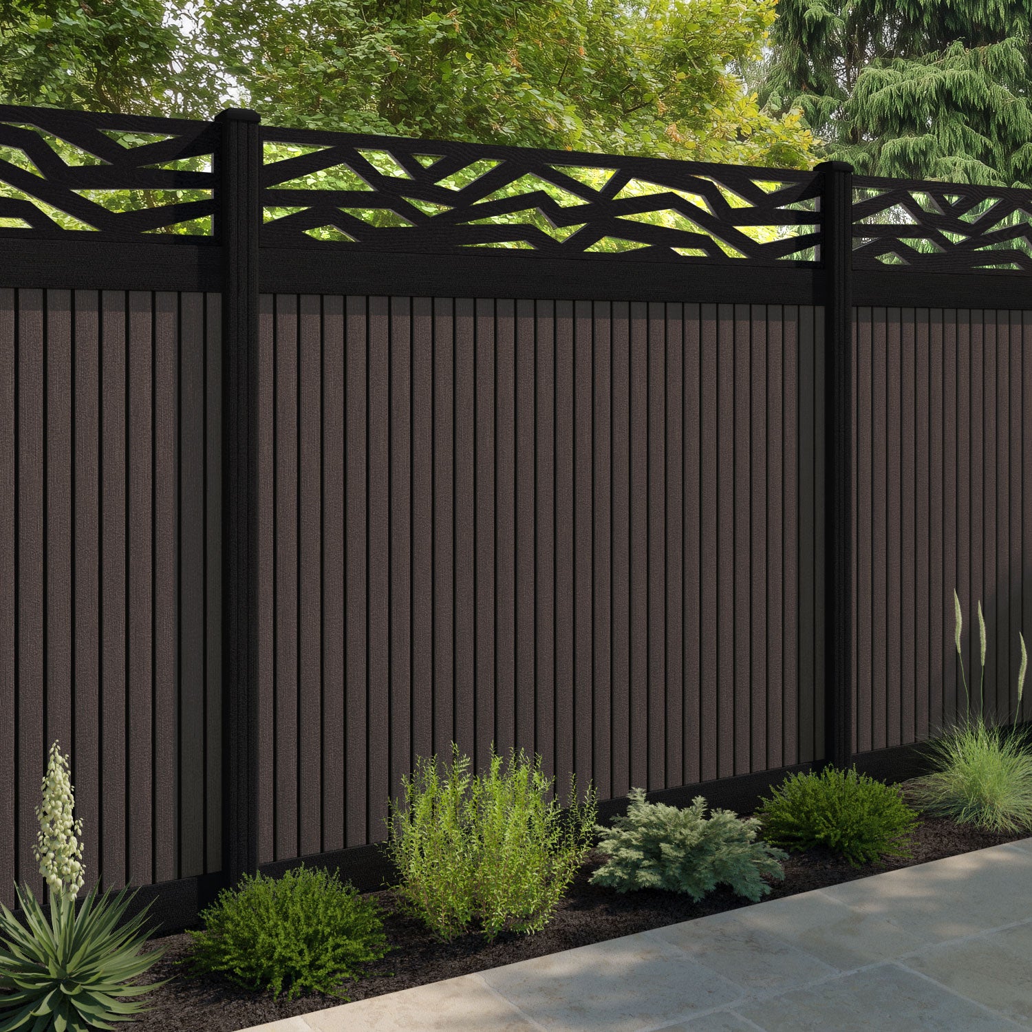 Virtis Zenith Fence Panel - Mid Brown - with our aluminium posts