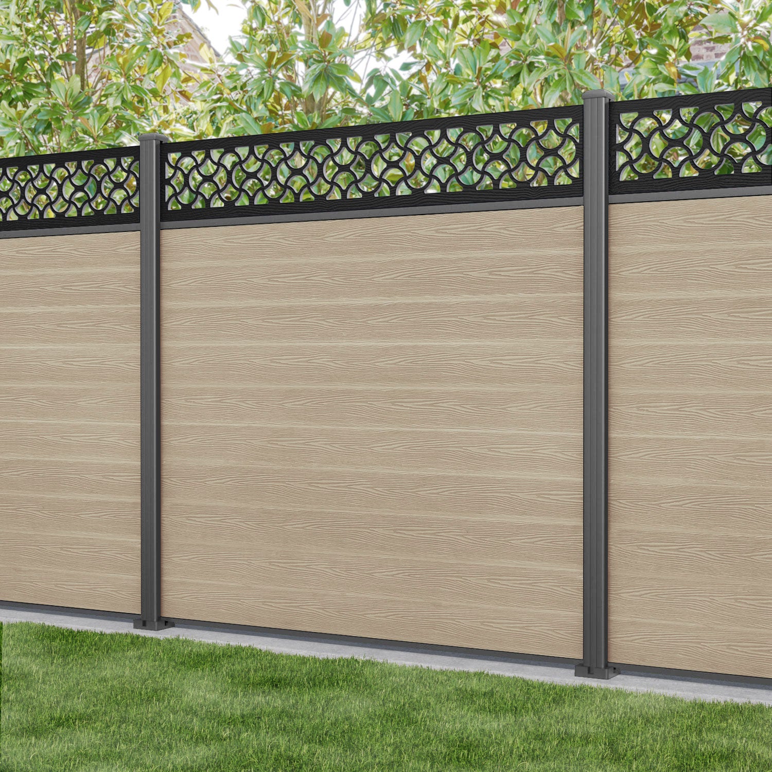 Classic Vida Fence Panel - Light Oak - with our aluminium posts