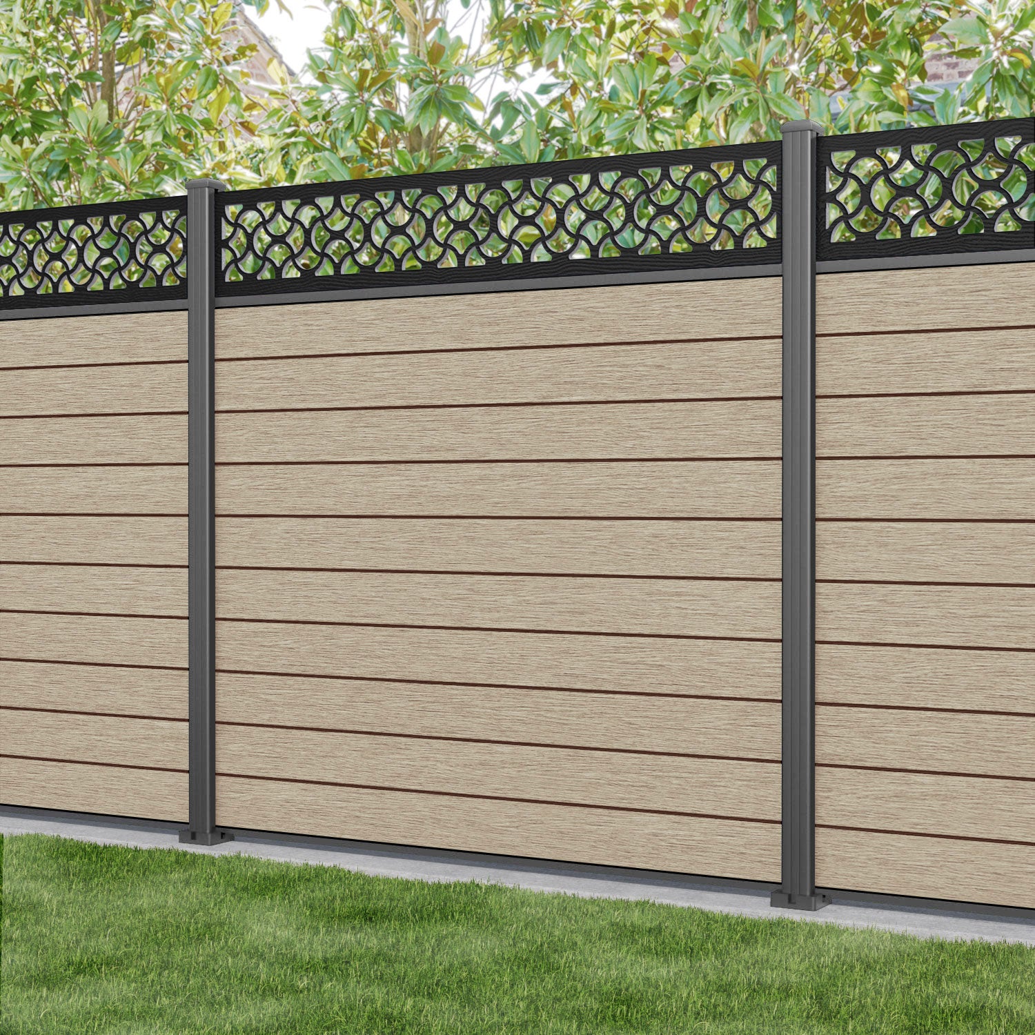 Fusion Vida Fence Panel - Light Oak - with our aluminium posts