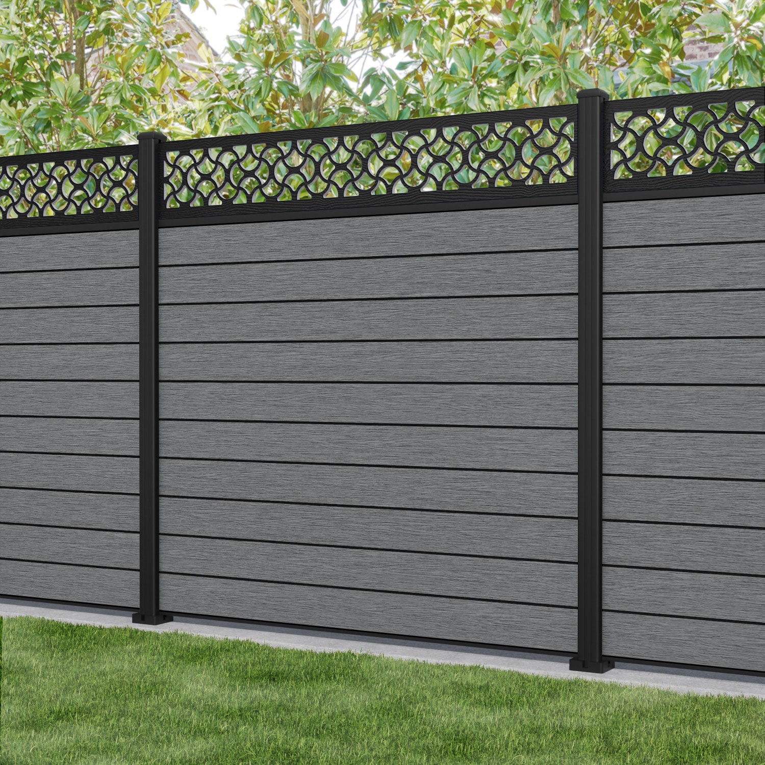 Fusion Vida Fence Panel - Mid Grey - with our aluminium posts