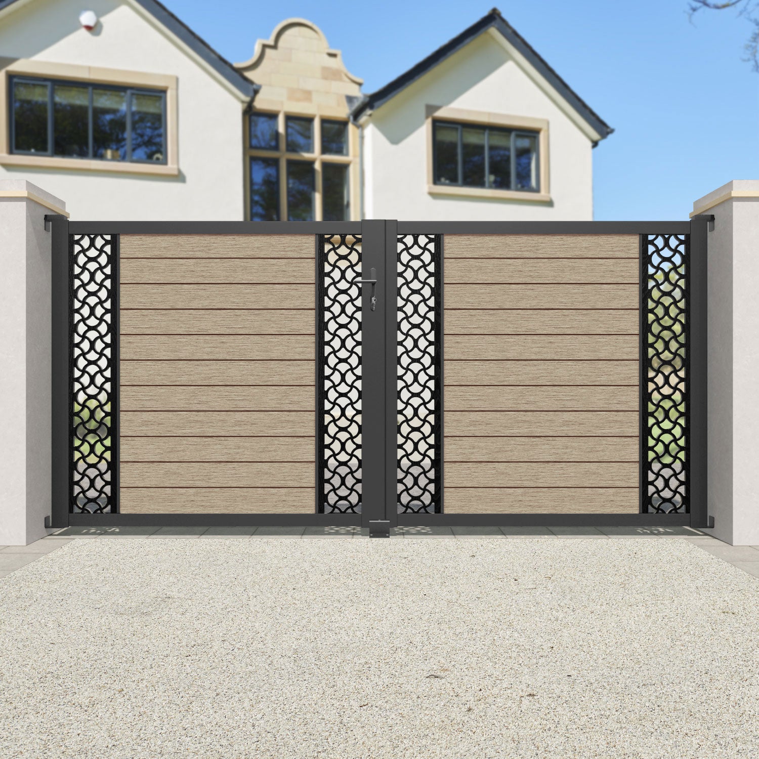 Fusion Vida Straight Top Driveway Gate - Light Oak - Middle & End Screen