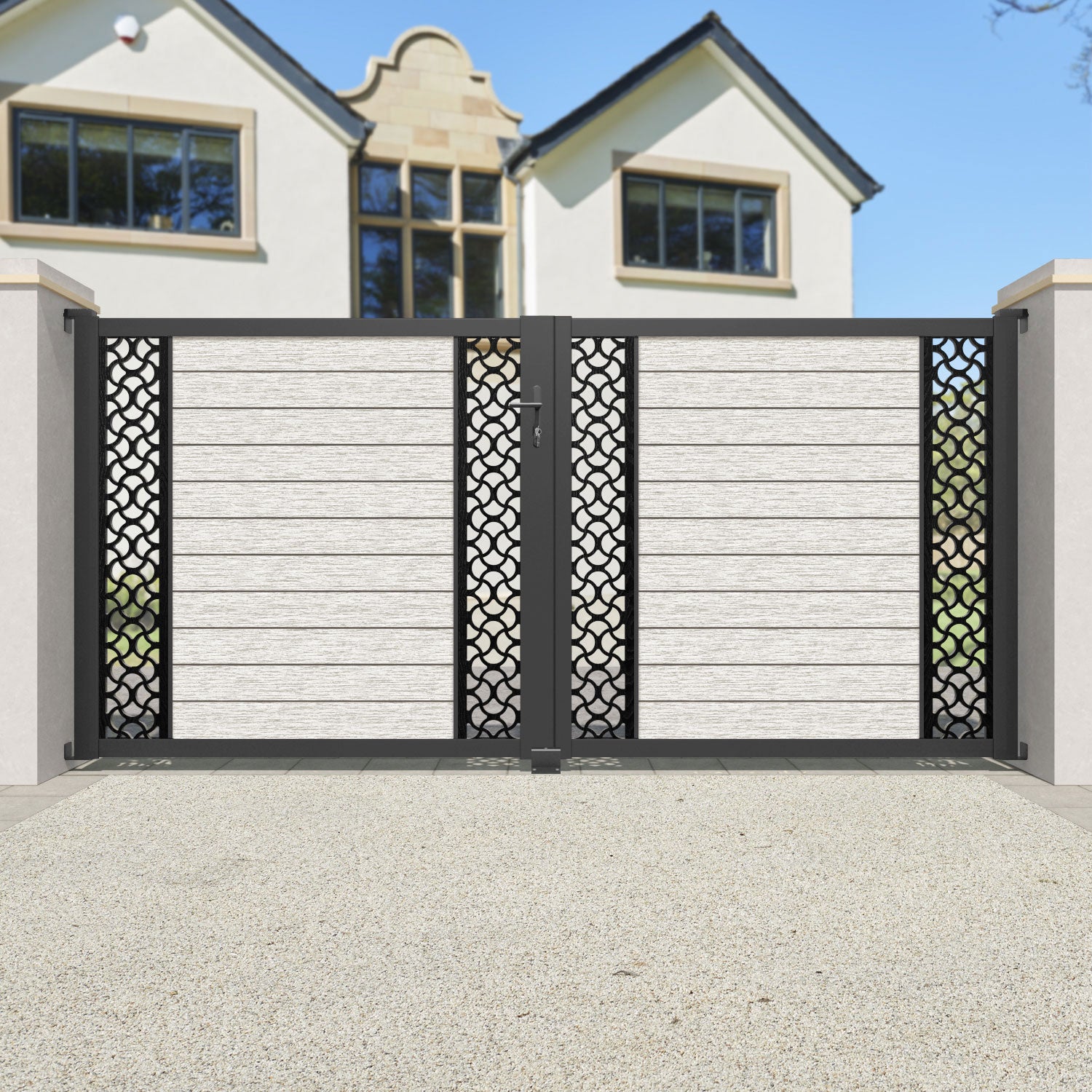 Fusion Vida Straight Top Driveway Gate - Light Stone - Middle & End Screen