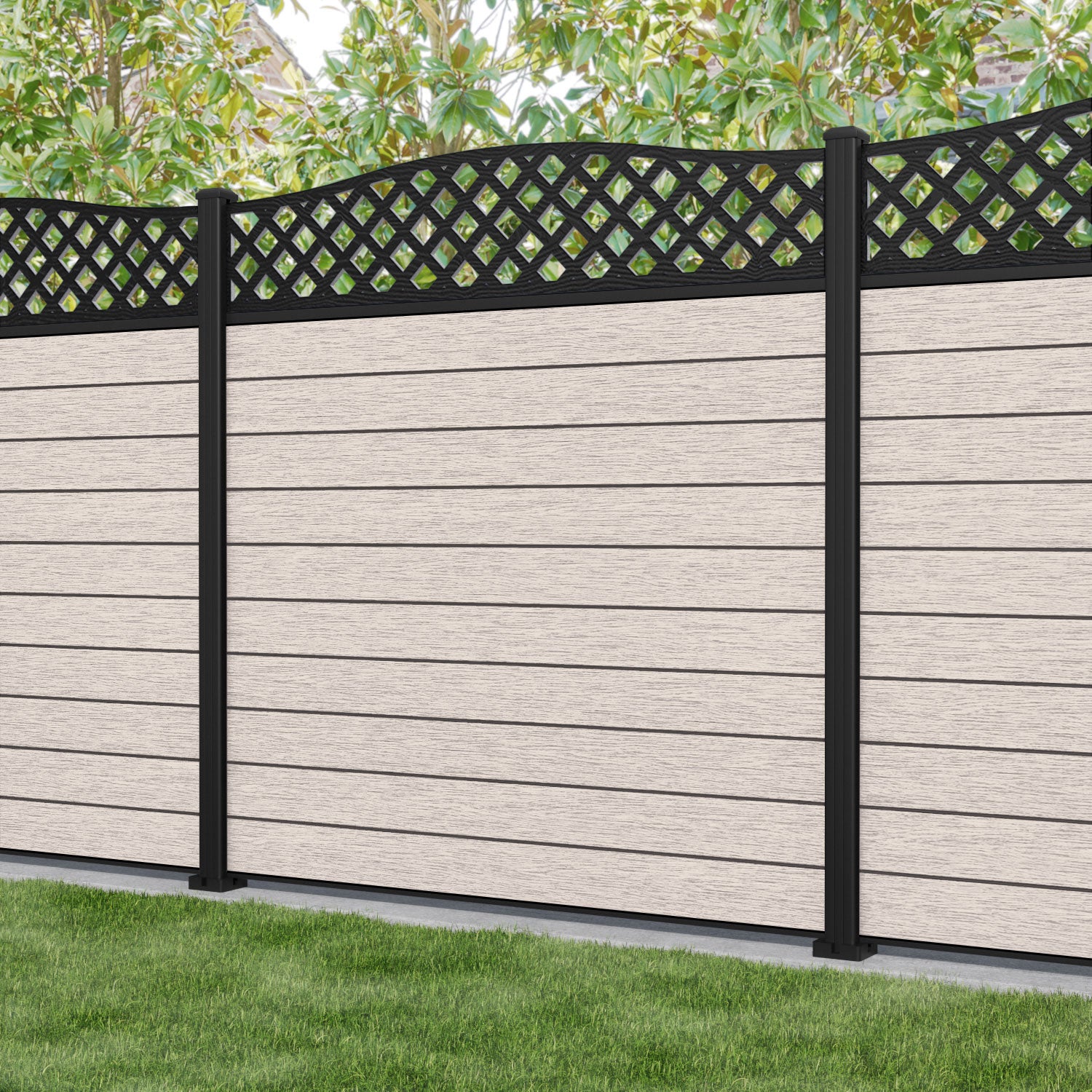 Fusion High Wave Curved Top Fence Panel - Mid Stone - with our aluminium posts
