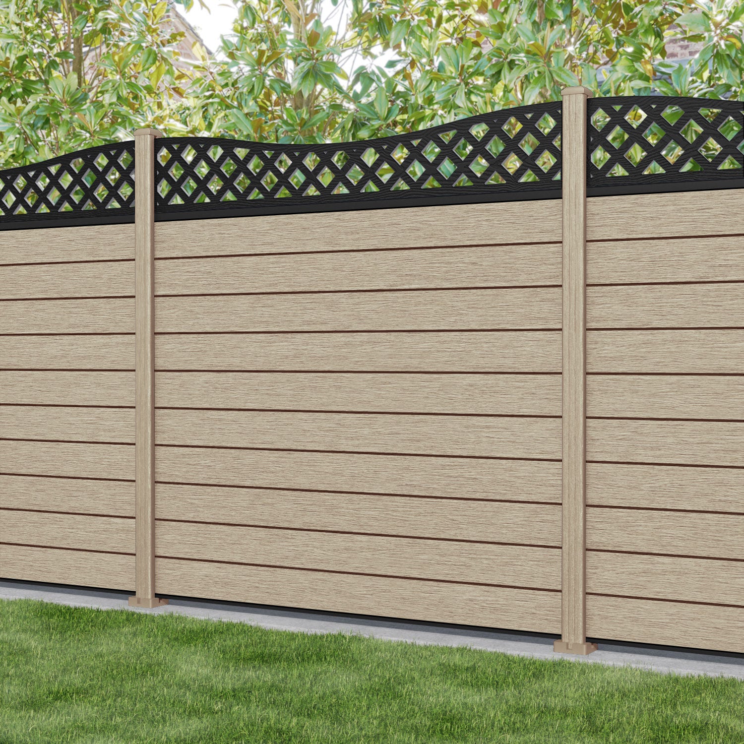 Fusion Low Wave Fence Panel - Light Oak - with our composite posts