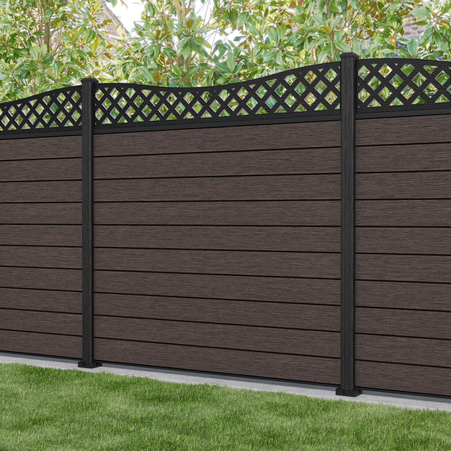 Fusion Low Wave Fence Panel - Mid Brown - with our composite posts