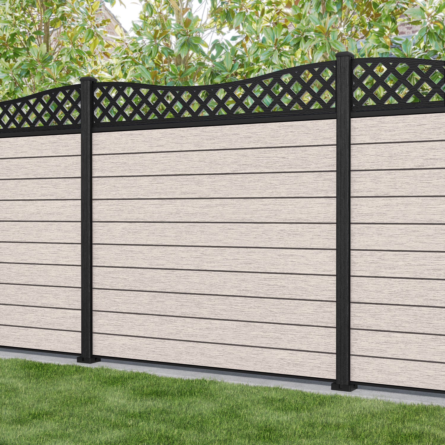 Fusion Low Wave Curved Top Fence Panel - Mid Stone - with our composite posts