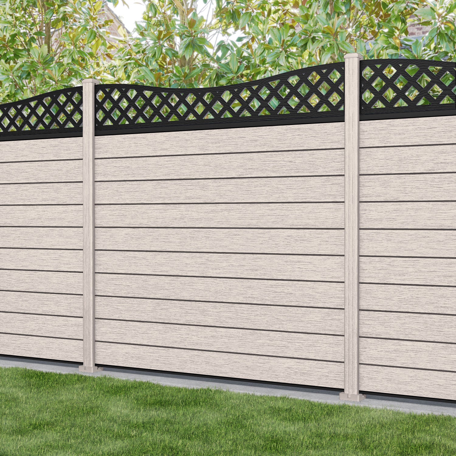 Fusion Low Wave Curved Top Fence Panel - Mid Stone - with our composite posts