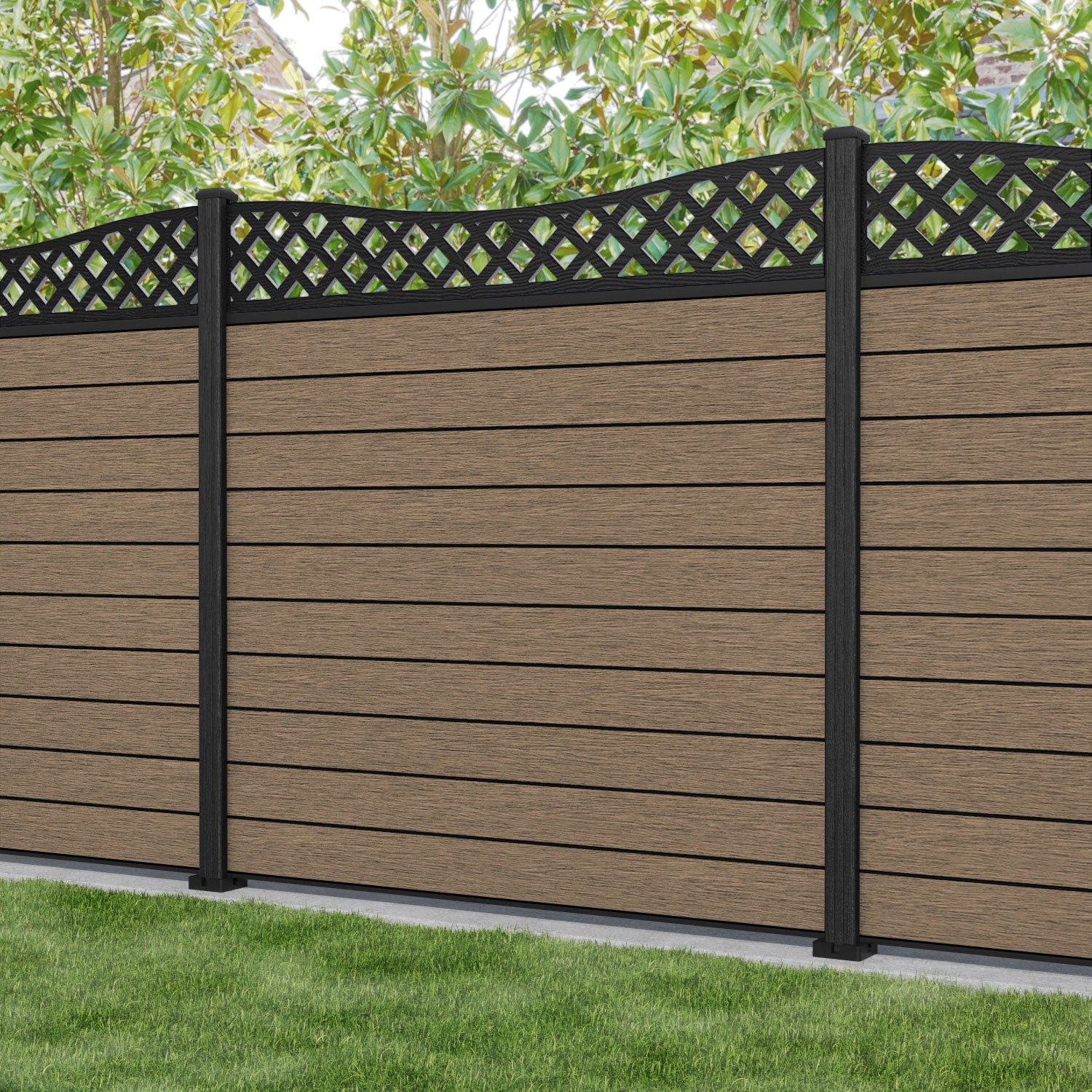 Fusion Low Wave Fence Panel - Teak - with our composite posts