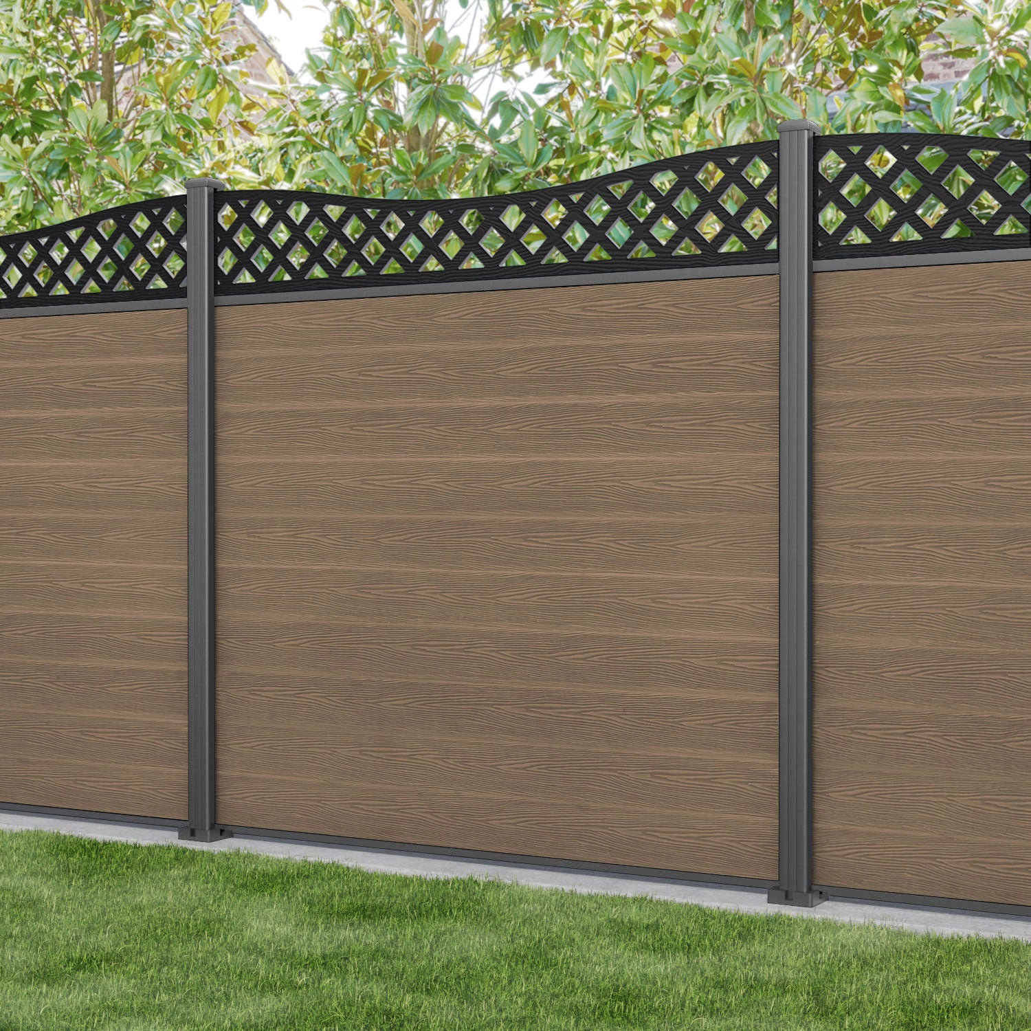 Classic Low Wave Fence Panel - Teak - with our aluminium posts