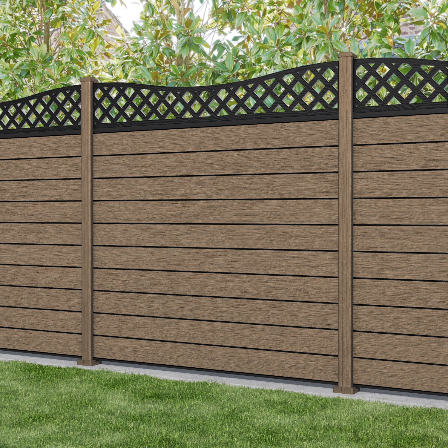 Fusion Low Wave Fence Panel - Teak - with our composite posts