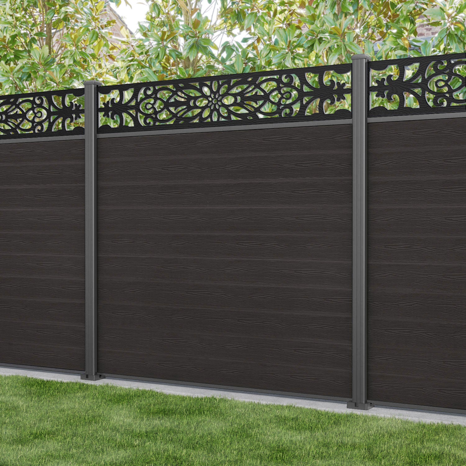 Classic Windsor Fence Panel - Dark Oak - with our aluminium posts