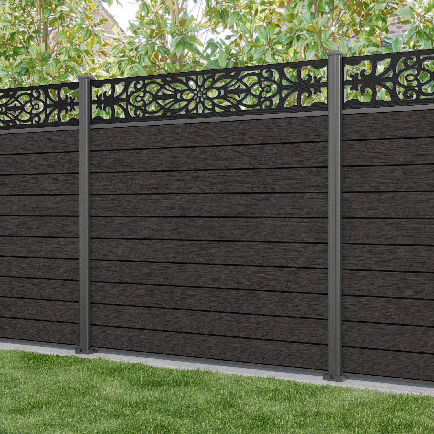 Fusion Windsor Fence Panel - Dark Oak - with our aluminium posts