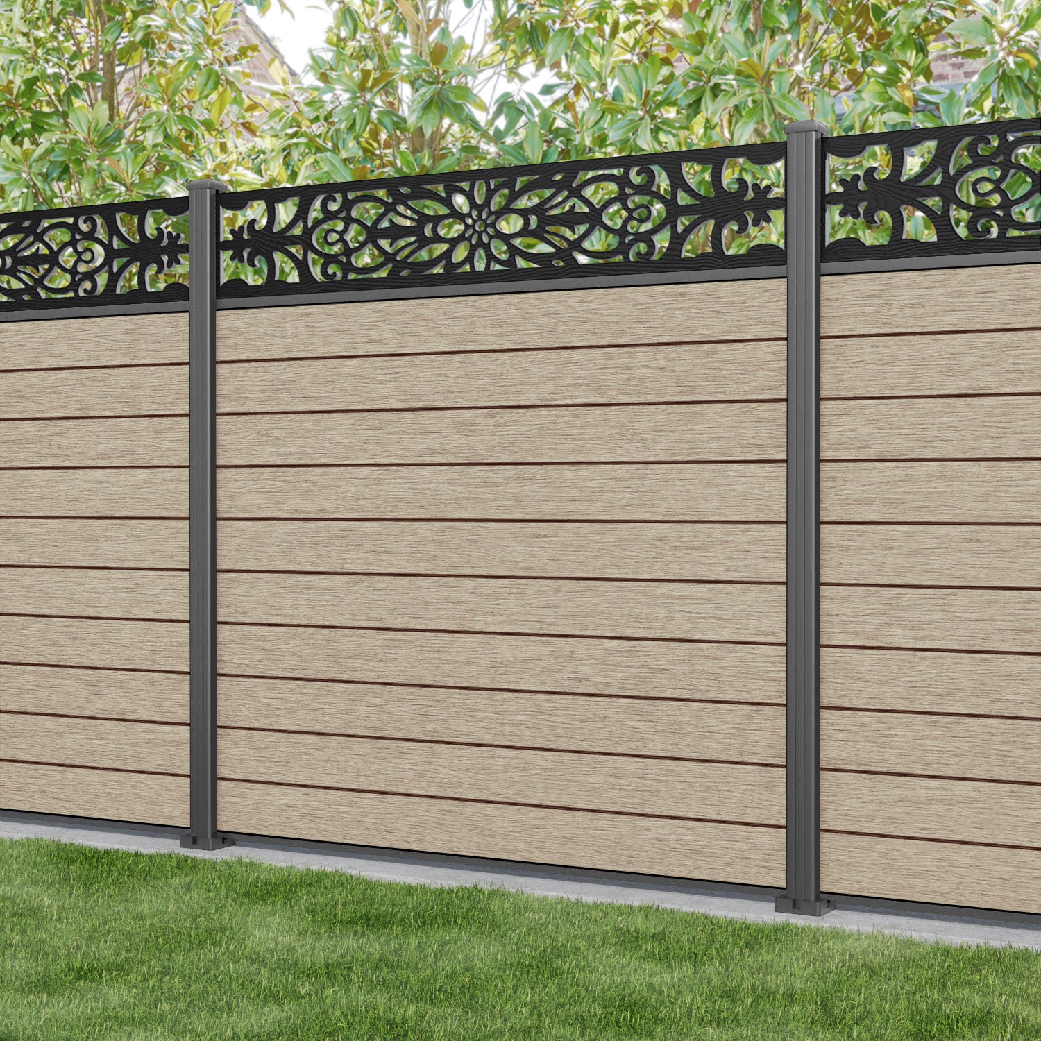 Fusion Windsor Fence Panel - Light Oak - with our aluminium posts