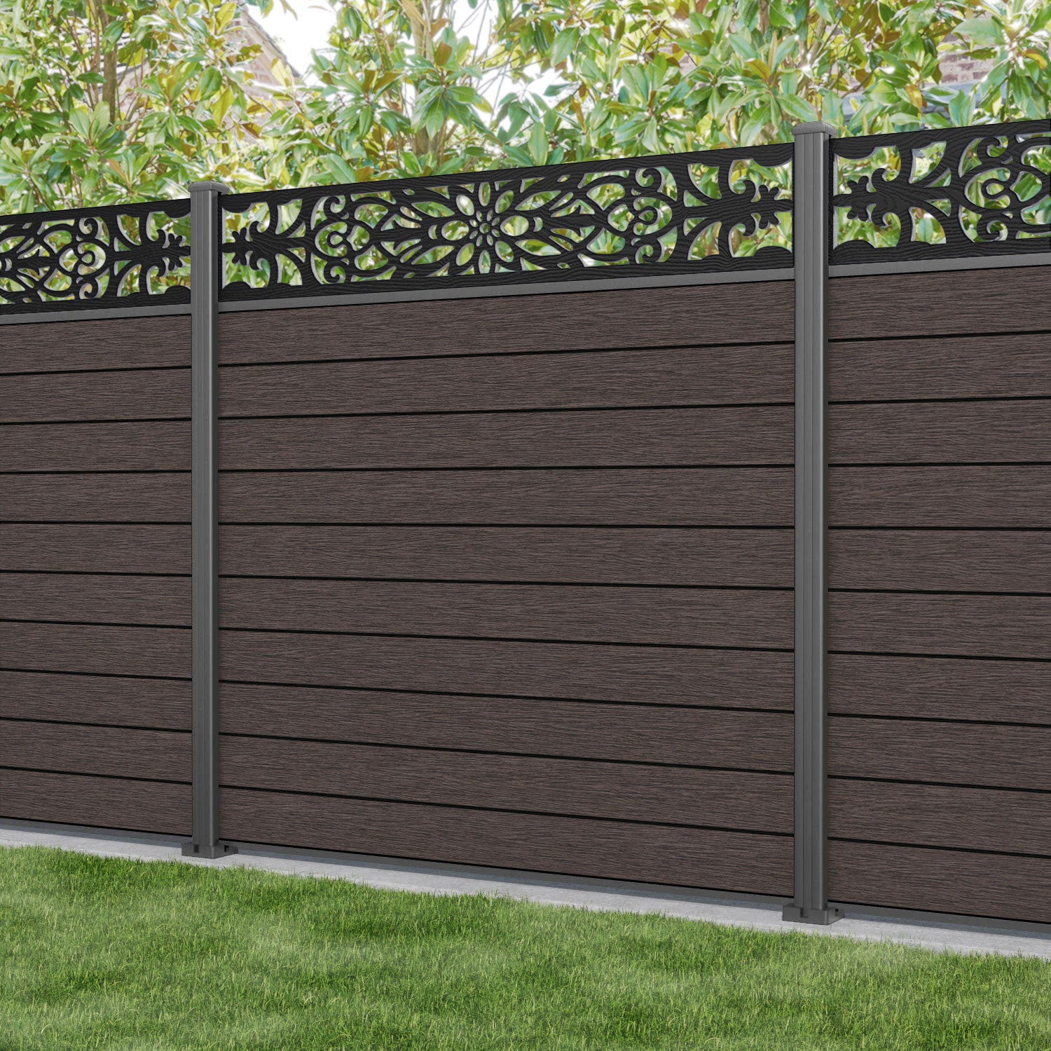 Fusion Windsor Fence Panel - Mid Brown - with our aluminium posts
