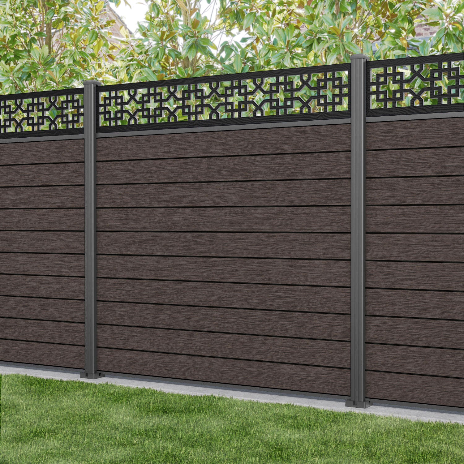 Fusion Zaria Fence Panel - Mid Brown - with our aluminium posts