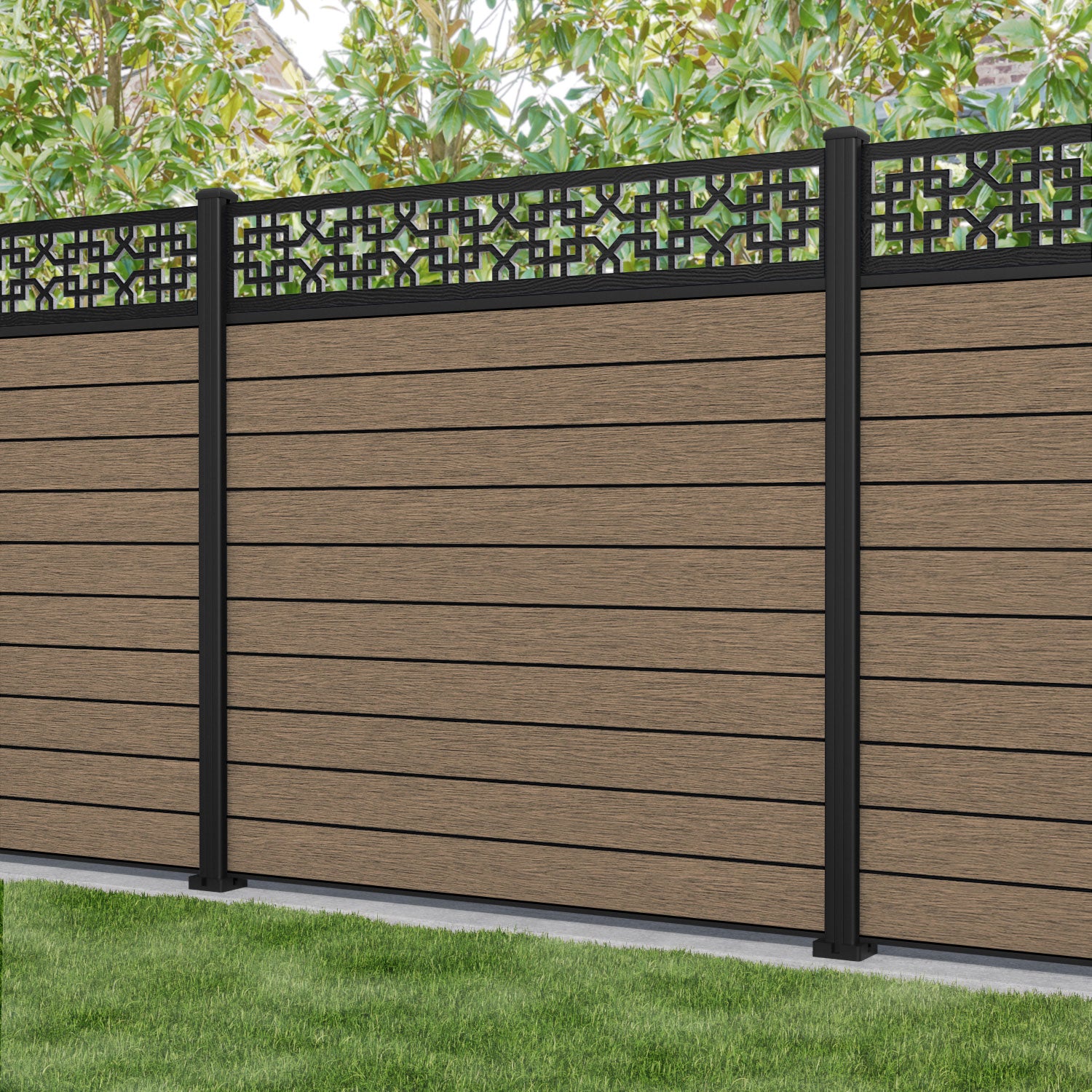 Fusion Zaria Fence Panel - Teak - with our aluminium posts