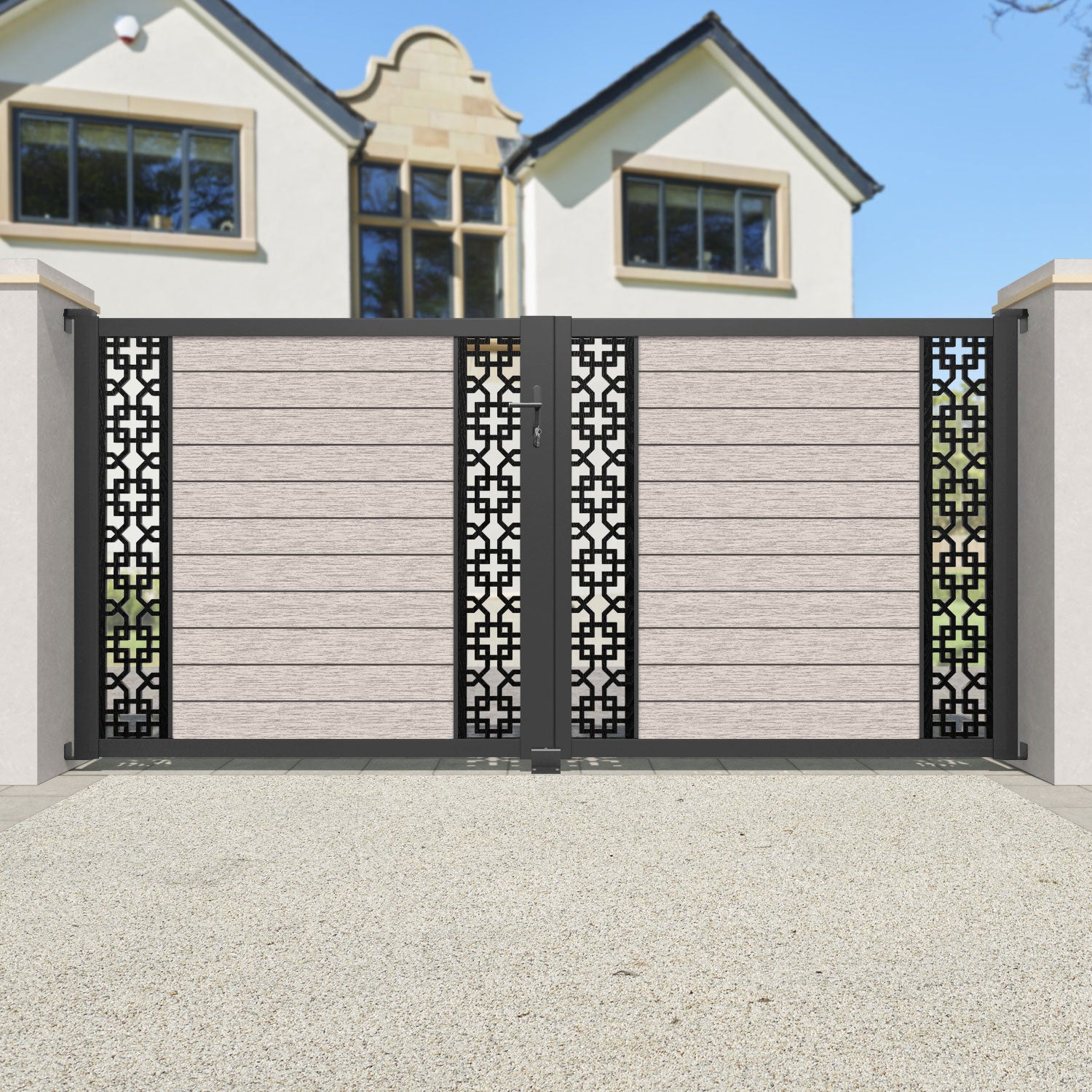 Fusion Zaria Straight Top Driveway Gate - Mid Stone - Middle & End Screen