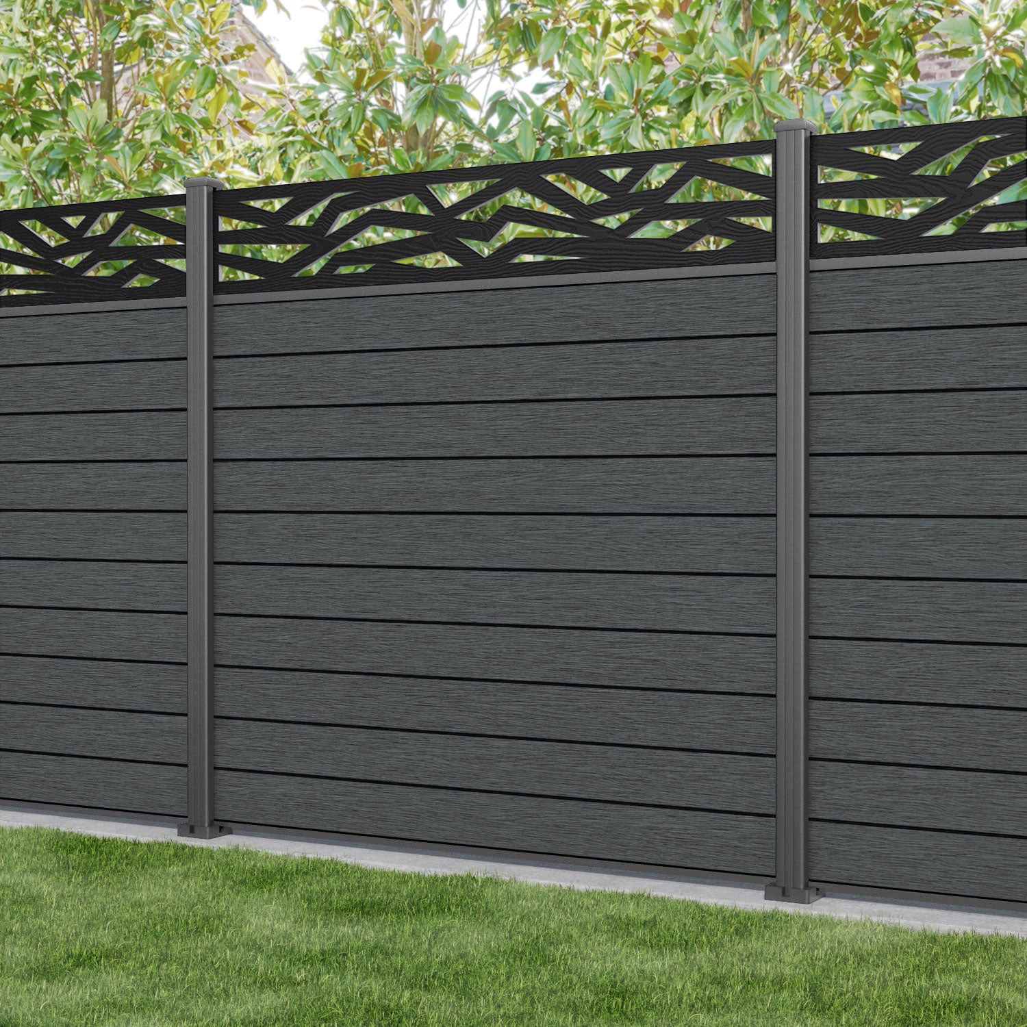 Fusion Zenith Fence Panel - Dark Grey - with our aluminium posts