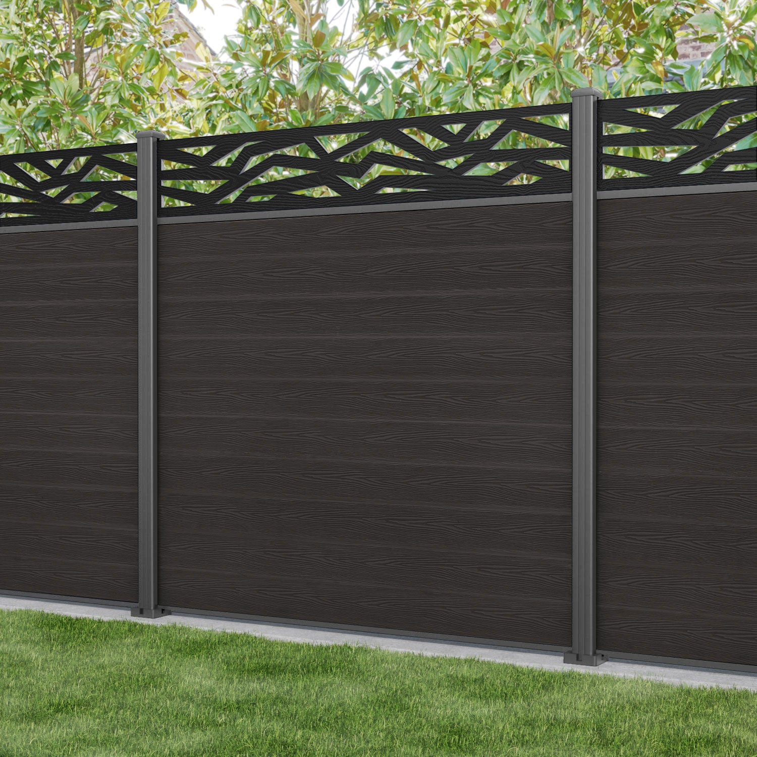 Classic Zenith Fence Panel - Dark Oak - with our aluminium posts