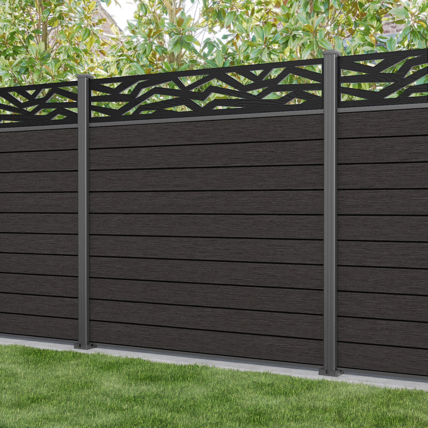 Fusion Zenith Fence Panel - Dark Oak - with our aluminium posts