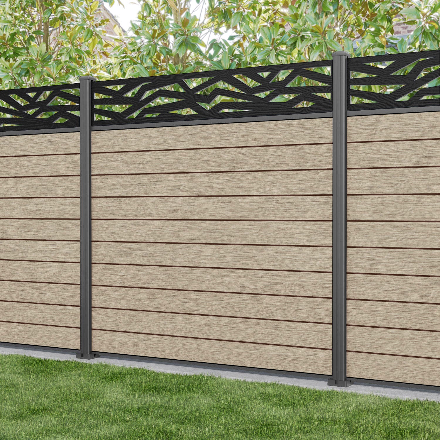 Fusion Zenith Fence Panel - Light Oak - with our aluminium posts