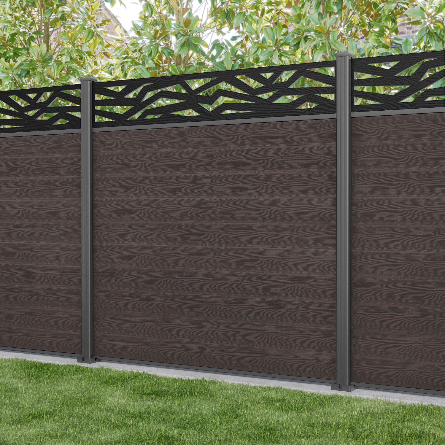 Classic Zenith Fence Panel - Mid Brown - with our aluminium posts