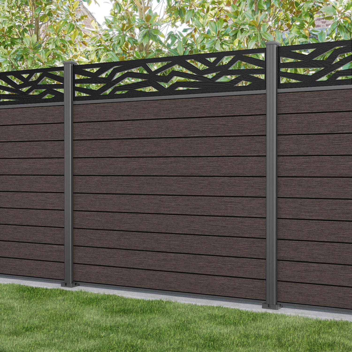 Fusion Zenith Fence Panel - Mid Brown - with our aluminium posts