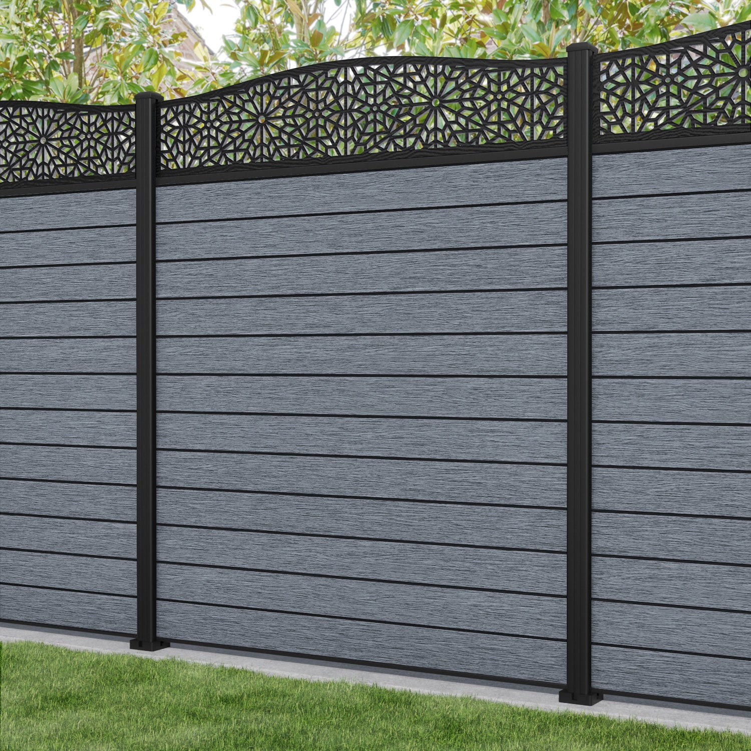 Fusion Alnara Curved Top Fence Panel - Anthracite - with our aluminium posts