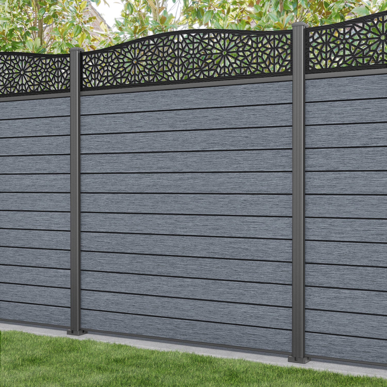 Fusion Alnara Curved Top Fence Panel - Anthracite - with our aluminium posts