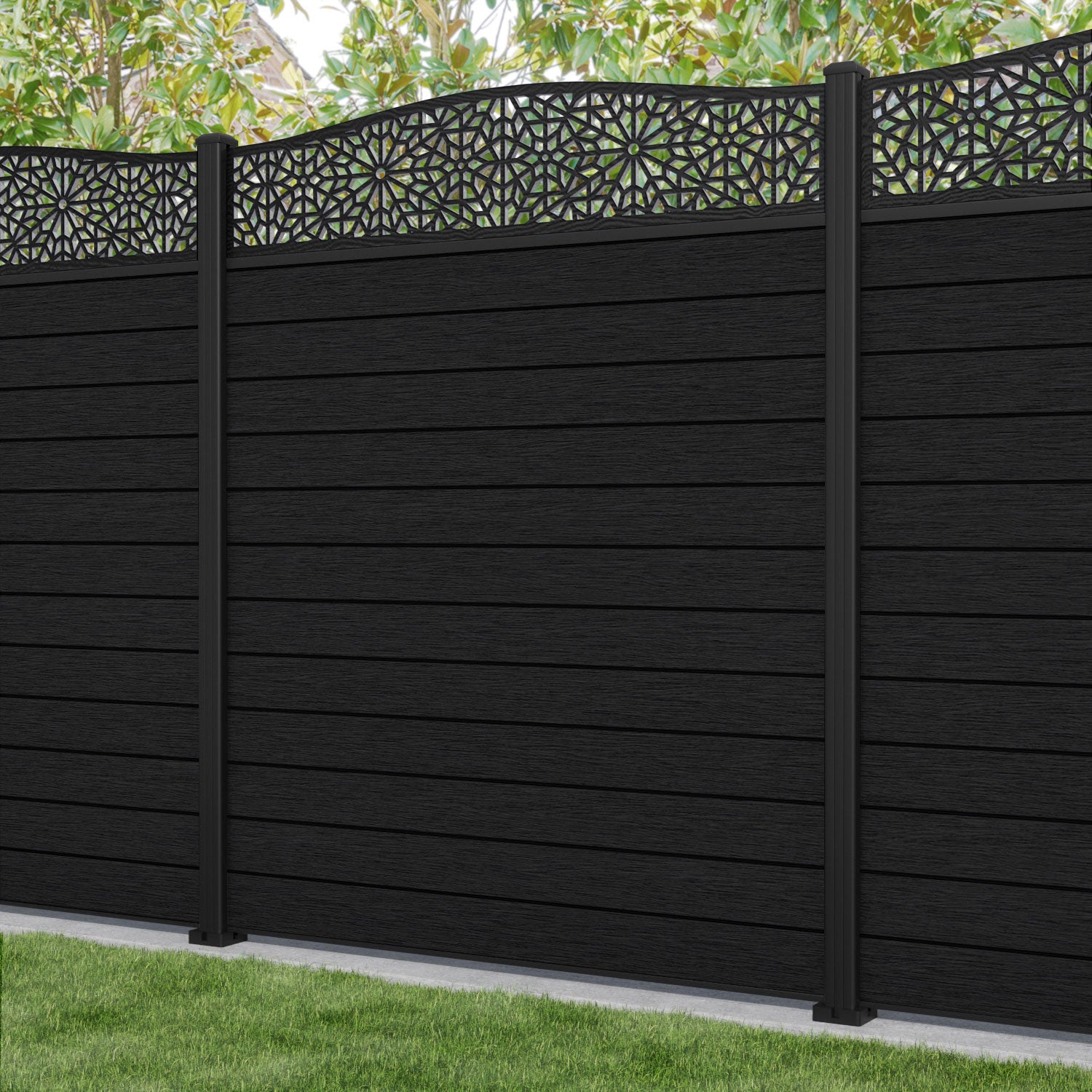 Fusion Alnara Curved Top Fence Panel - Black - with our aluminium posts