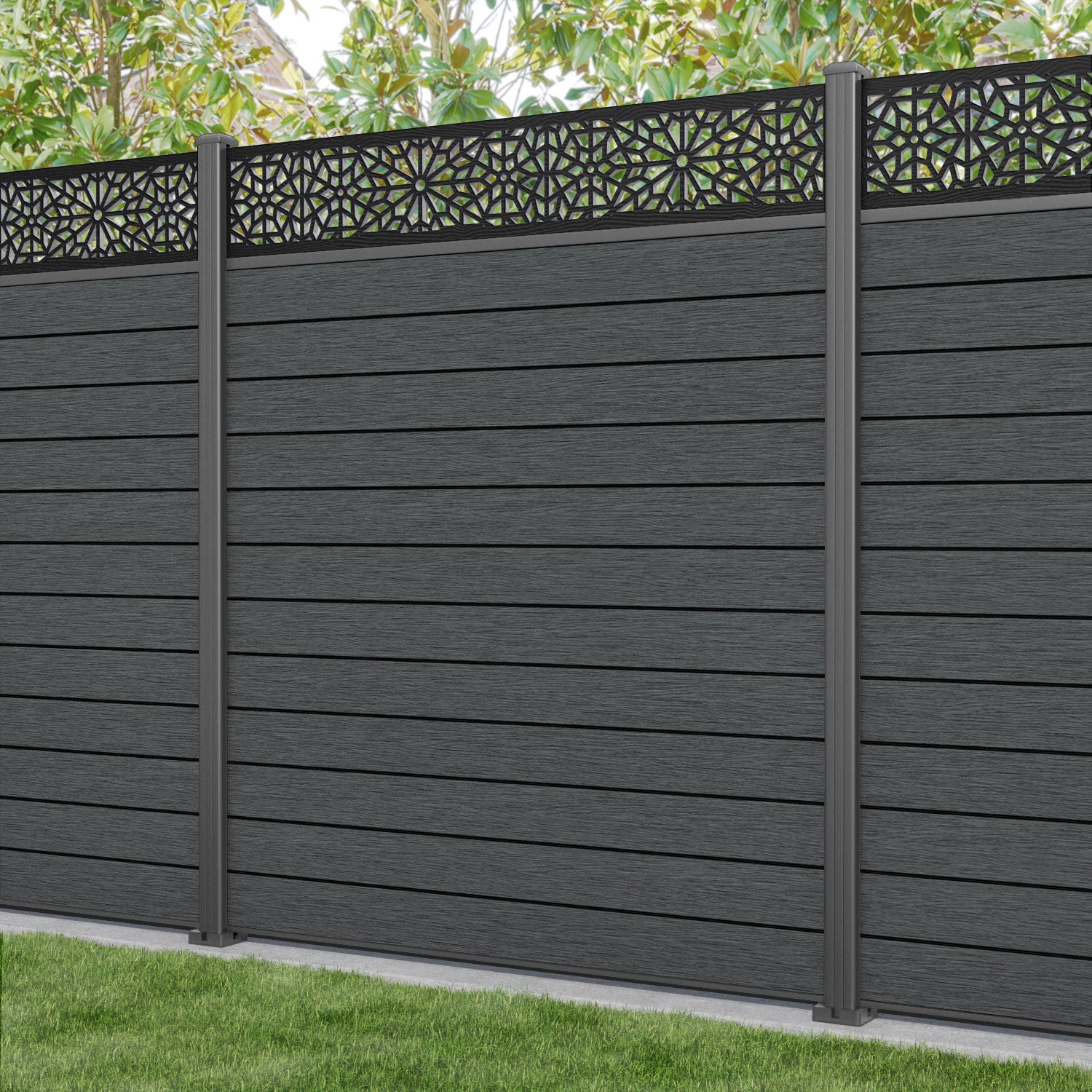 Fusion Alnara Fence Panel - Dark Grey - with our aluminium posts