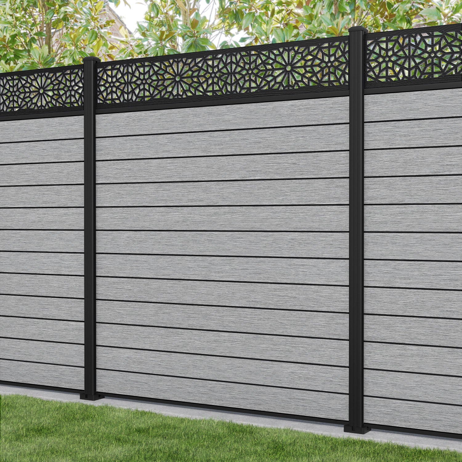 Fusion Alnara Fence Panel - Light Grey - with our aluminium posts