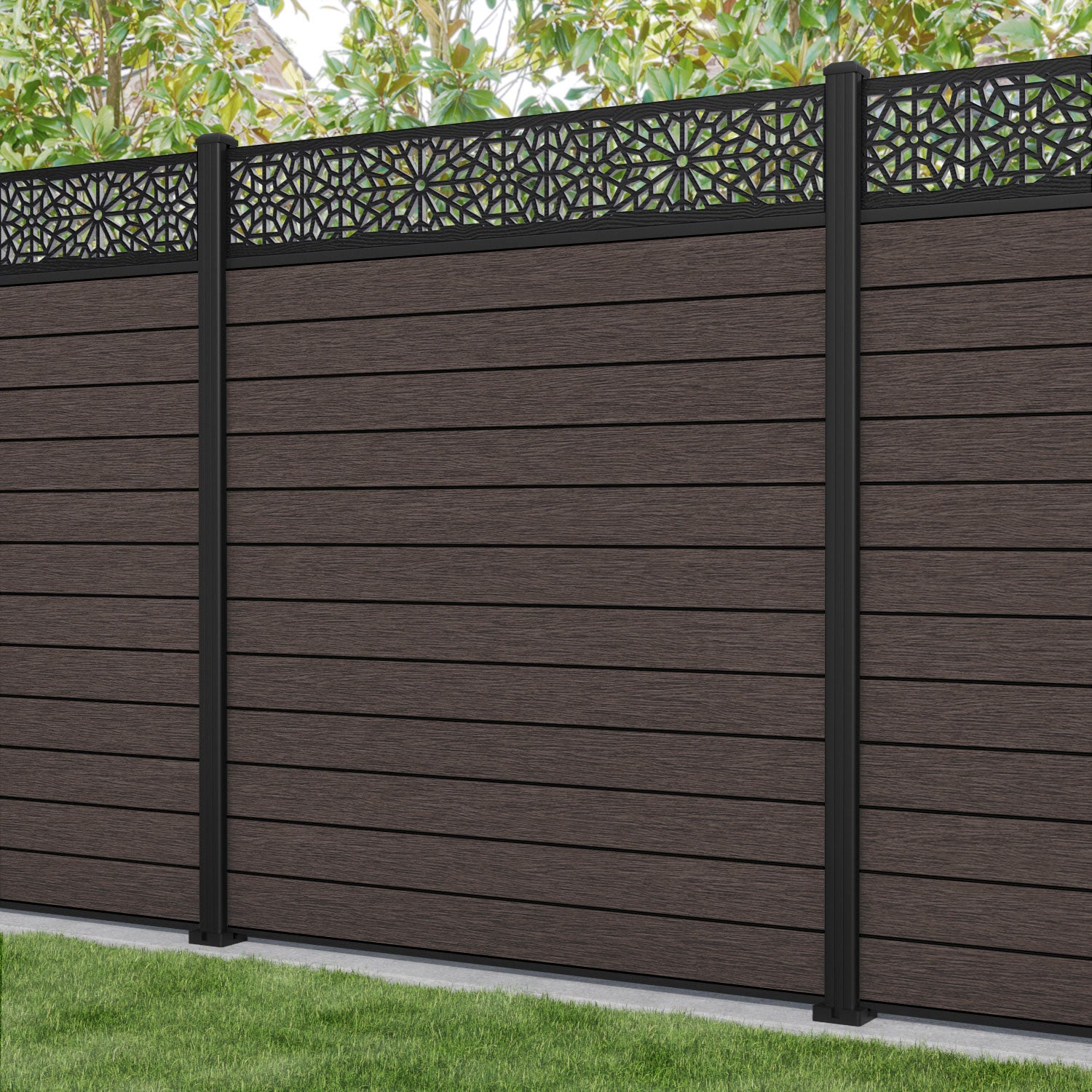 Fusion Alnara Fence Panel - Mid Brown - with our aluminium posts