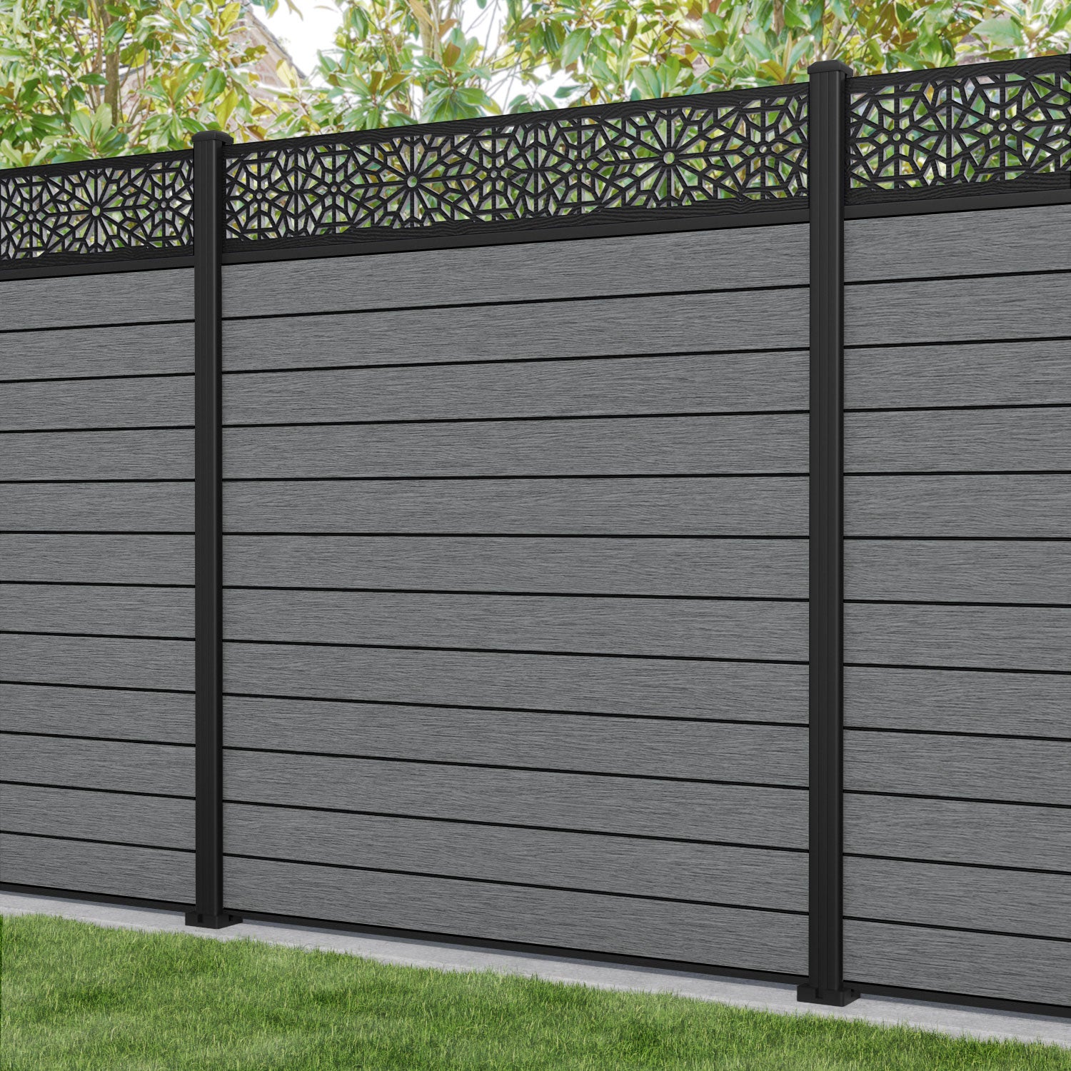 Fusion Alnara Fence Panel - Mid Grey - with our aluminium posts