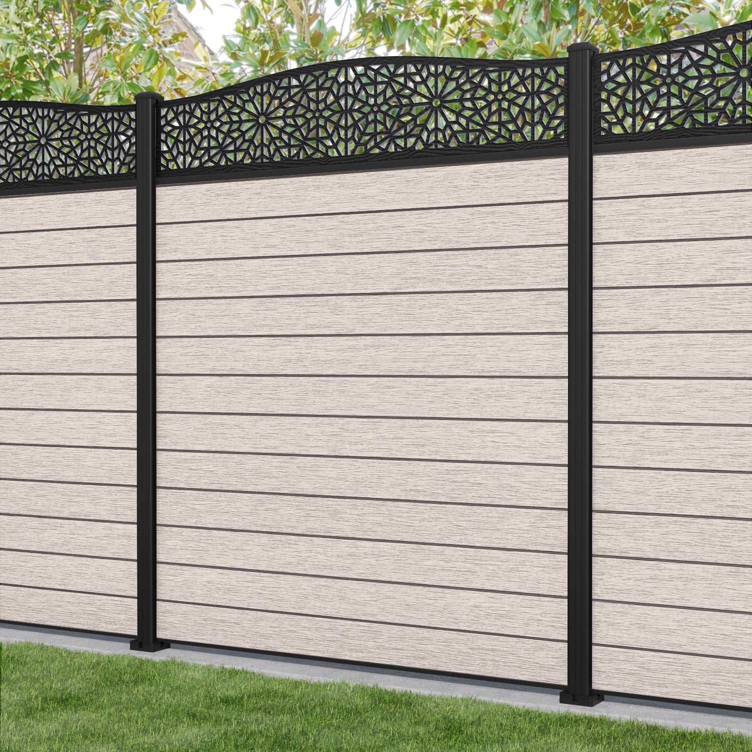 Fusion Alnara Curved Top Fence Panel - Mid Stone - with our aluminium posts