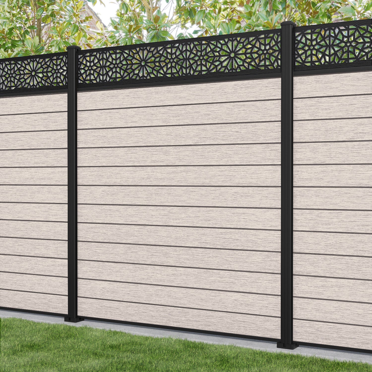 Fusion Alnara Fence Panel - Mid Stone - with our aluminium posts