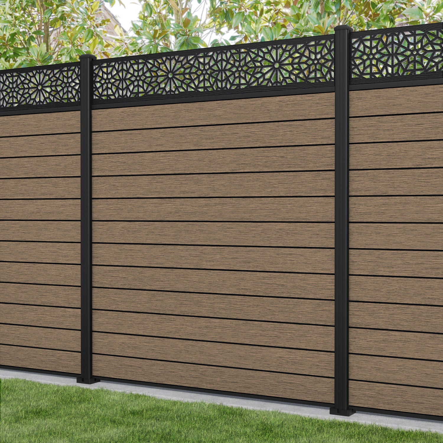 Fusion Alnara Fence Panel - Teak - with our aluminium posts