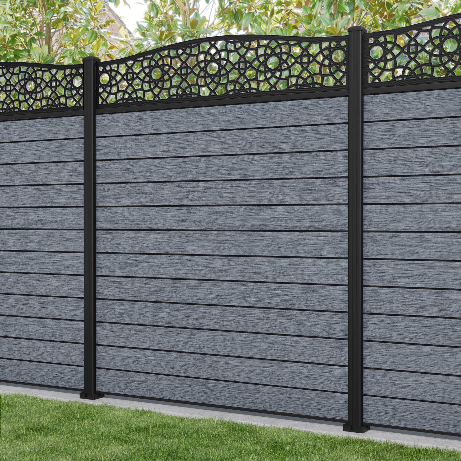 Fusion Ambar Curved Top Fence Panel - Anthracite - with our aluminium posts